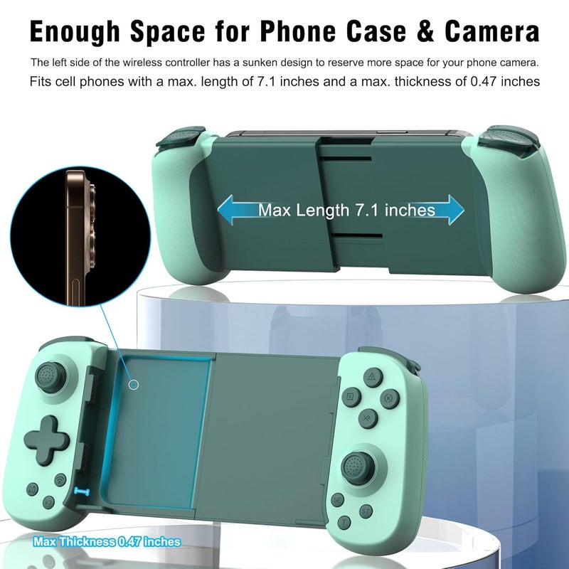 Joso Wireless Phone Controller for iPhone/Android, Mobile Game Controller with Hall Joystick Suitable for Xbox Cloud Gaming, PS Remote Play, Steam Link, Call of Duty & More - Green - Image 3